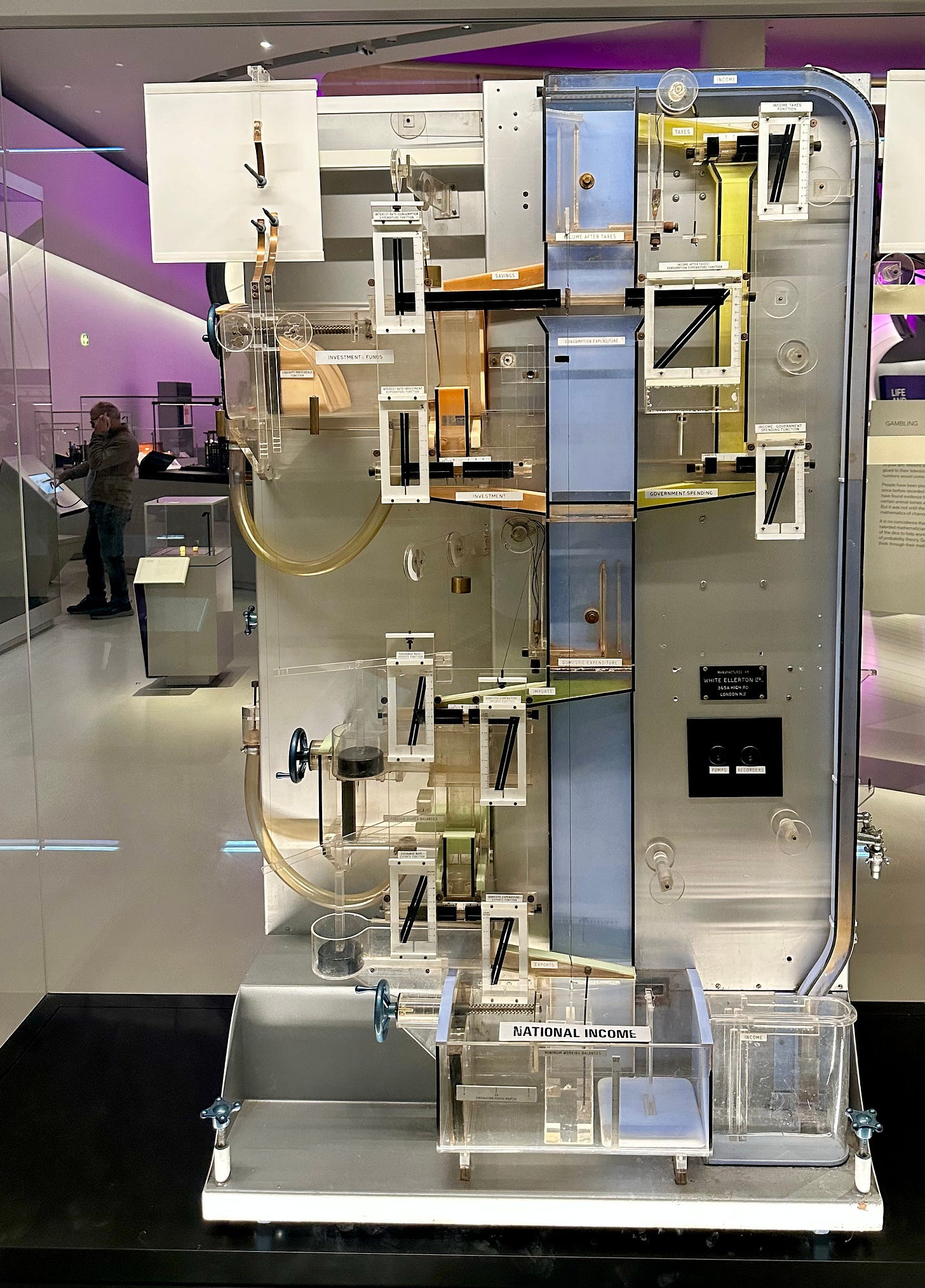 The Phillips machine, also known as the MONIAC (Monetary National Income Analogue Computer), an analogue computation device using water and tanks of varying size to model a holistic view of the British economy, taken at the Science Museum.