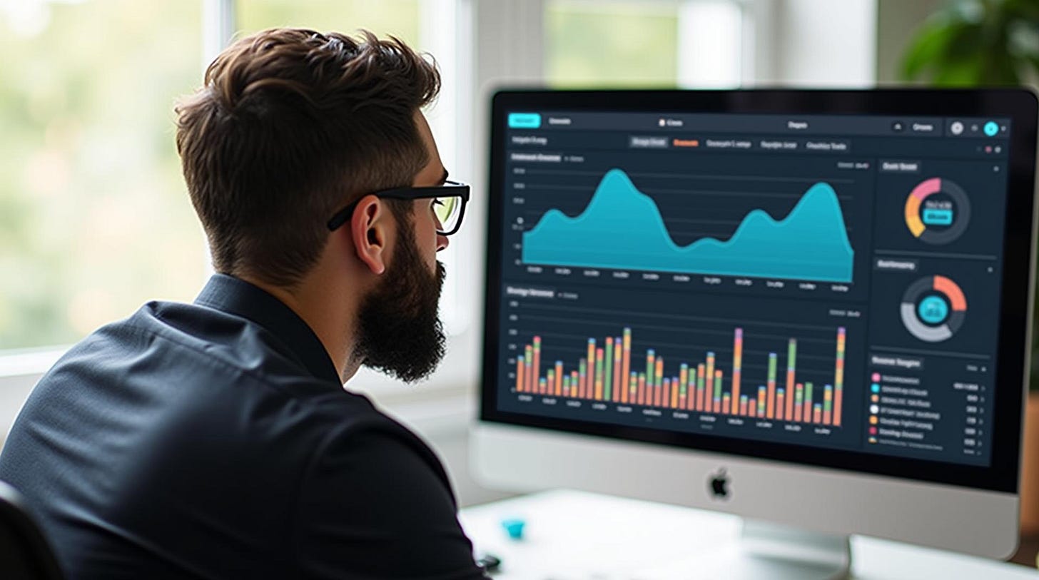Man wearing glasses looking at computer screen displaying business data