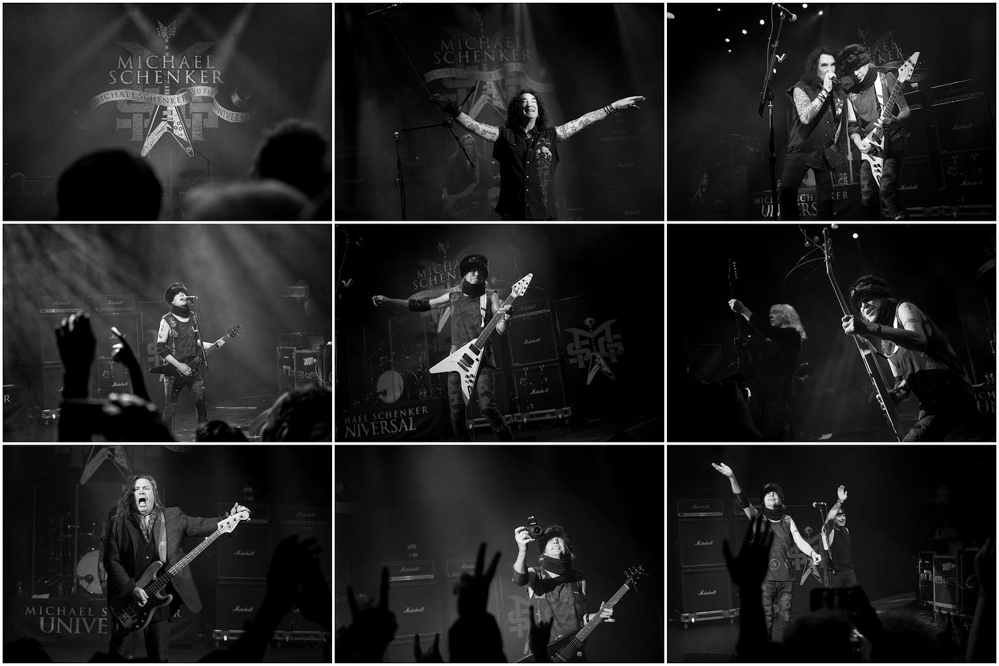 nine black and white images taken at a Michael Schenker concert. Mostly rock musicians performing.