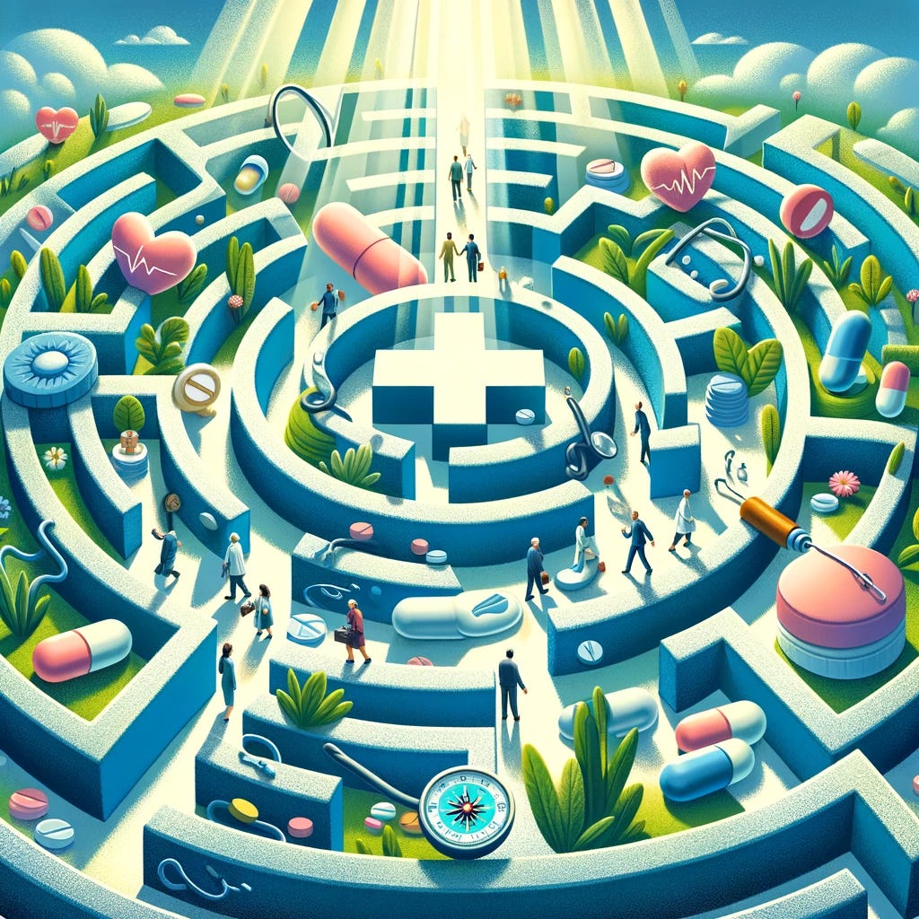Illustrate an imaginative scene where individuals are navigating a complex maze shaped like various healthcare symbols, including the medical cross, a stethoscope, and pill capsules. The maze is intricate and sprawling, symbolizing the challenges and confusion often faced in the healthcare system. Inside the maze, small groups of people are working together, using maps and compasses, symbolizing collaboration and the search for guidance in navigating healthcare decisions. The atmosphere is hopeful, with rays of light breaking through the top of the maze, indicating that while the journey is difficult, finding the right path is possible with teamwork and determination. The color scheme should be soft and inviting, with blues and greens to convey a sense of calm and safety.