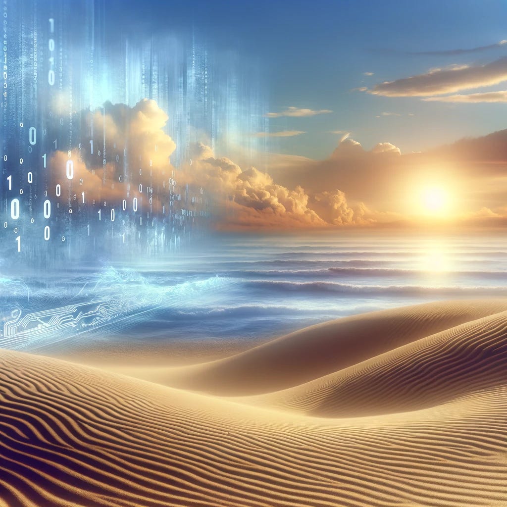 A picturesque scene capturing the essence of a haiku. In the foreground, sands with subtle representations of digital bytes and bites, symbolizing technology and information. Beyond the sands, lies a vast and bright sea, embodying the concept of a vast consciousness. Above, the sky is filled with an ethereal, soft light that bathes the entire scene in a serene glow, suggesting a surreal and dreamy atmosphere. The image should convey a sense of tranquility and depth, blending the tangible sands with the intangible ideas of consciousness and light.