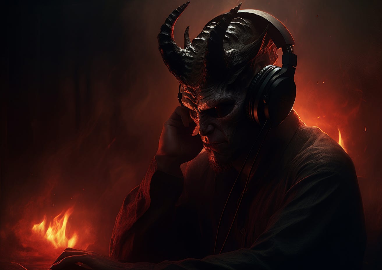 A demon listening to headphones in hell, his left hand raised so his fingers are pressed on the left headphone covering his ear.