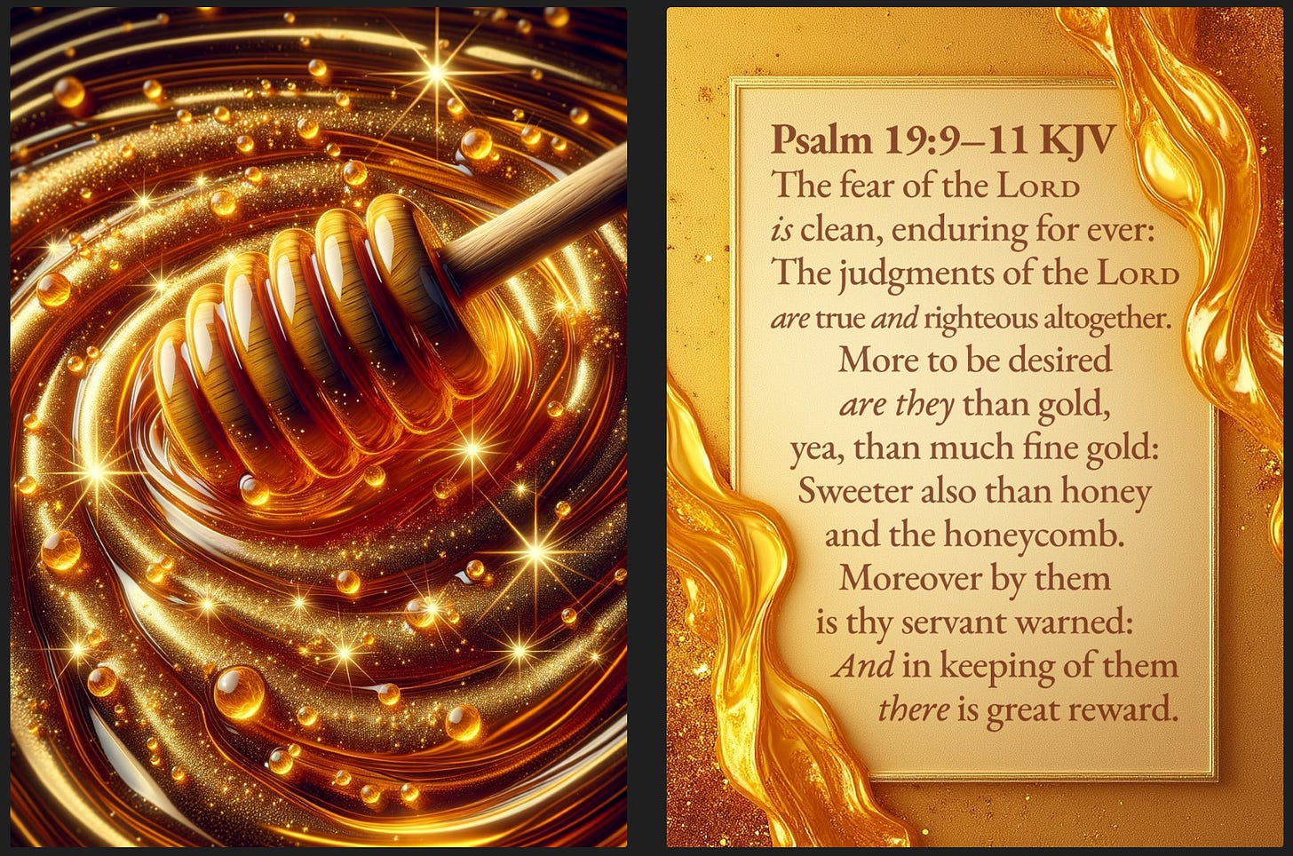 The image consists of two sections: on the left, a close-up of a honey dipper immersed in swirling, golden honey with sparkling droplets, creating a vibrant and luxurious appearance. On the right, a passage from Psalm 19:9-11 KJV is elegantly displayed within a golden frame with flowing gold accents, emphasizing the preciousness and sweetness of God's words compared to gold and honey.