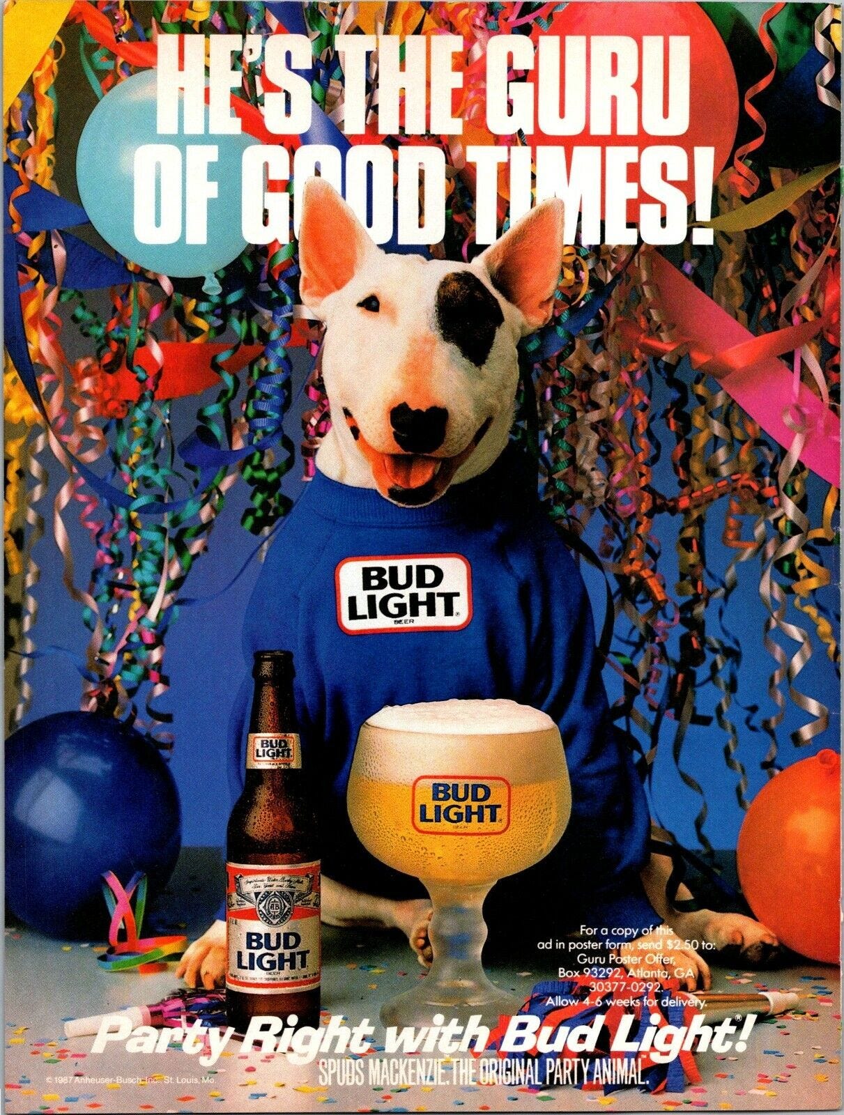 Spuds Mackenzie Bud Light Guru of Good Times 1988 Vintage Print Ad | eBay