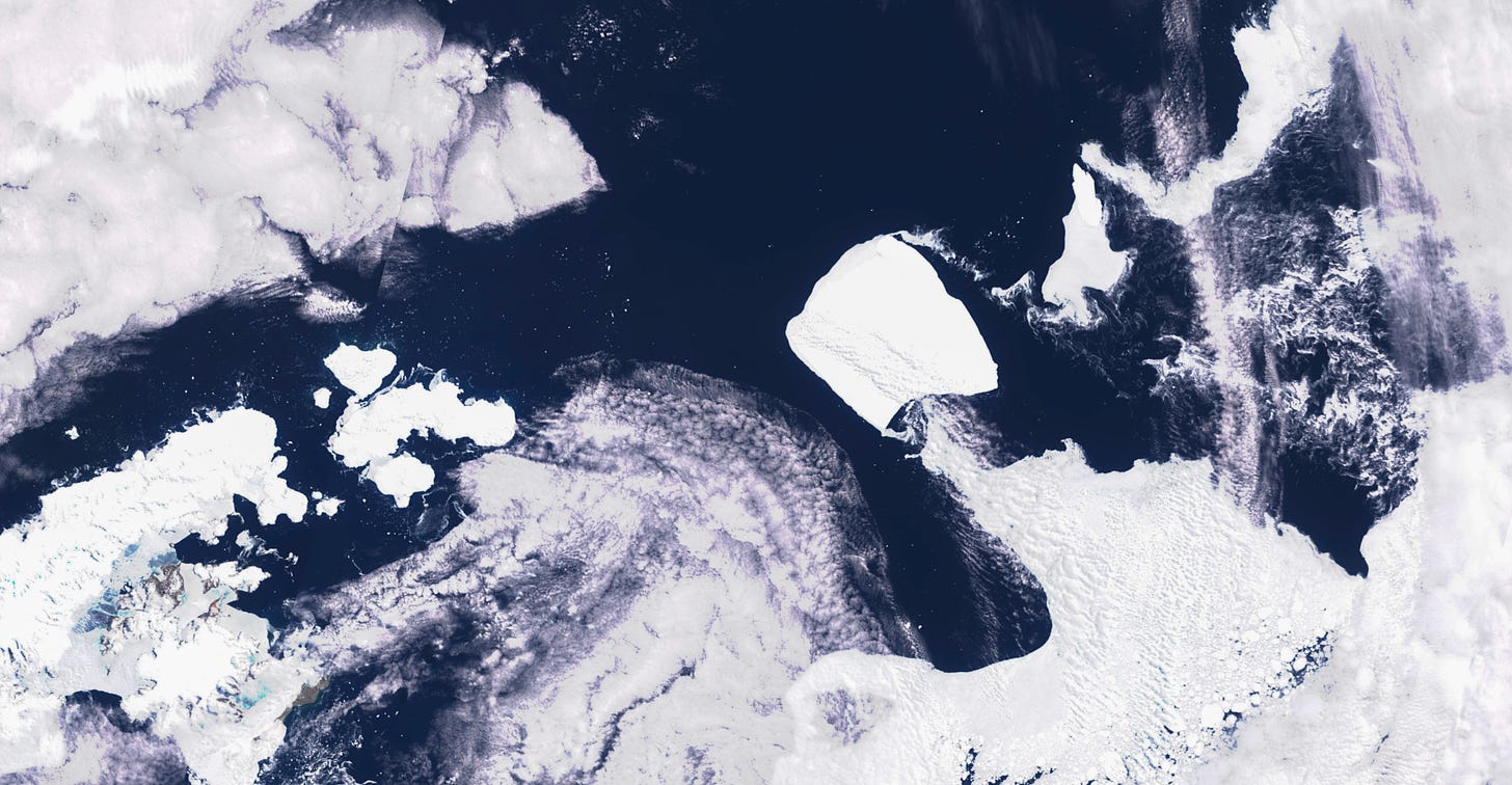 This images provided by Maxar Technologies shows the A23a iceberg moving through the sea sea near the Antarctica, on Wednesday Nov. 15, 2023. 