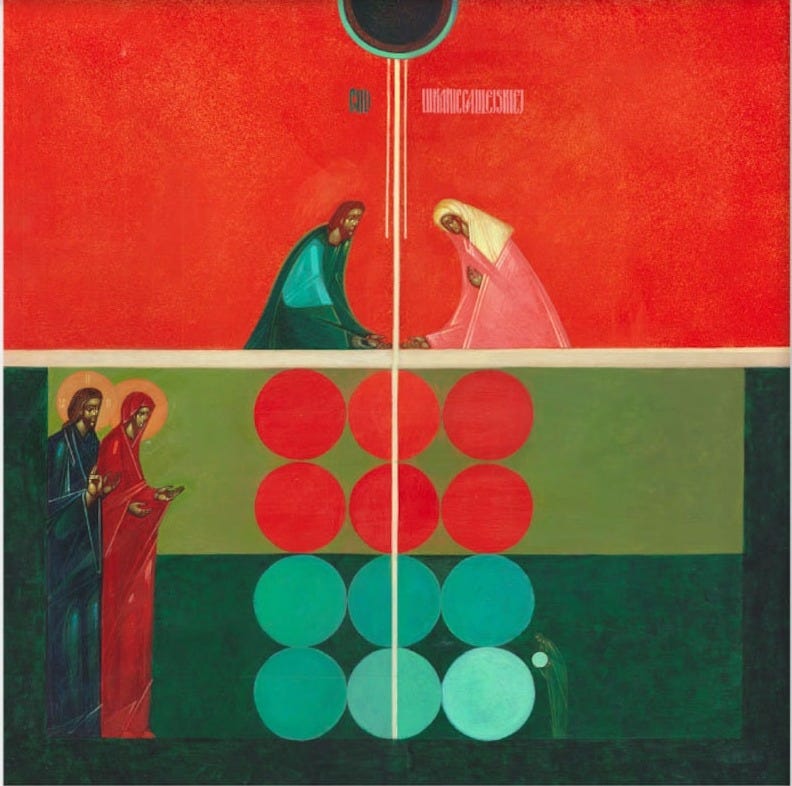 May include: A painting of four figures in a geometric style. The figures are standing in front of a red background with a black circle at the top. The figures are wearing blue, red, and pink clothing. The painting is divided into three sections by horizontal lines. The bottom section is green and has a series of red and blue circles. The text 'HYDROCEPHALUS' is written in the top section.