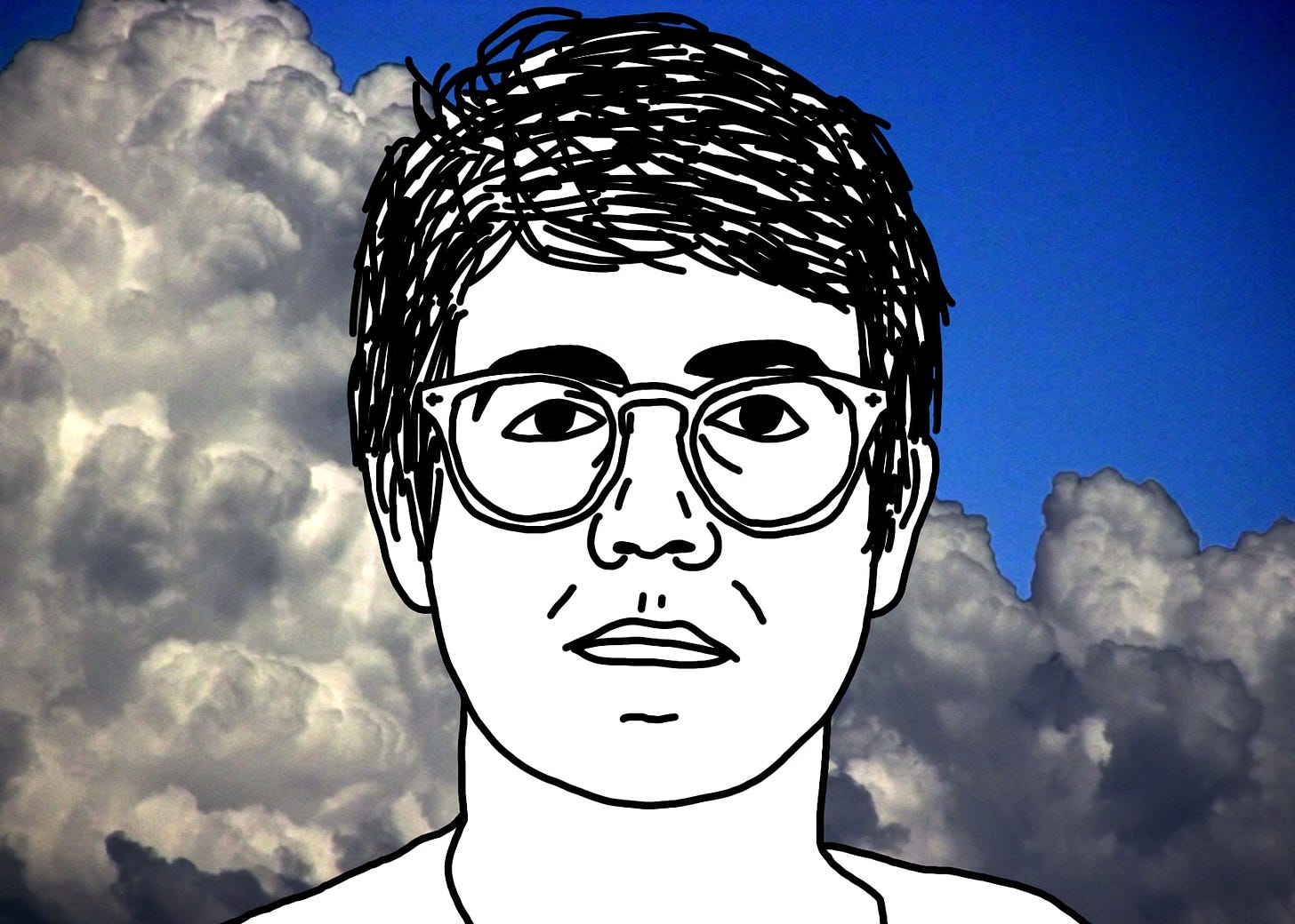 A black line drawing of Alex, the protagonist of "I Hear You Watching." He is white, short messy parted hair, glasses. He stares straight at you, unsmiling. Behind him is a bunchy cluster of clouds and an unreal blue sky.