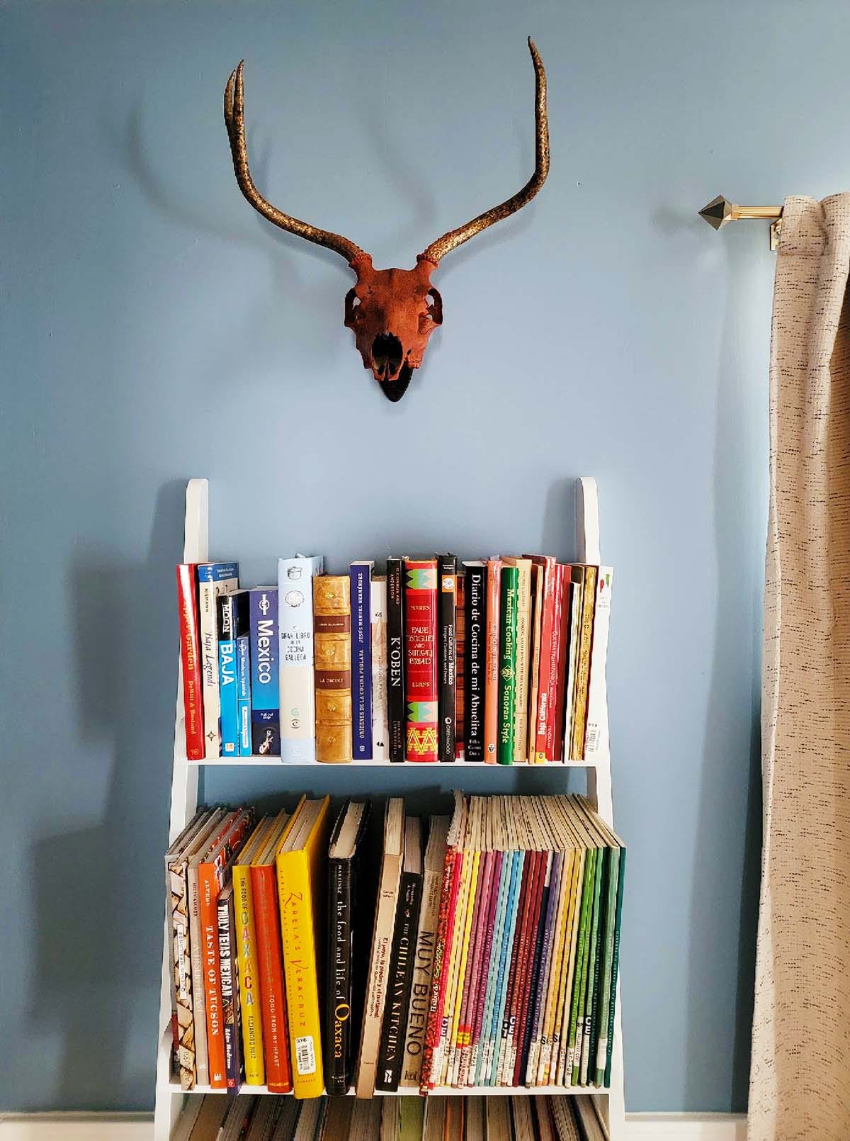 Spork the deer's painted skull over my bookcase. 