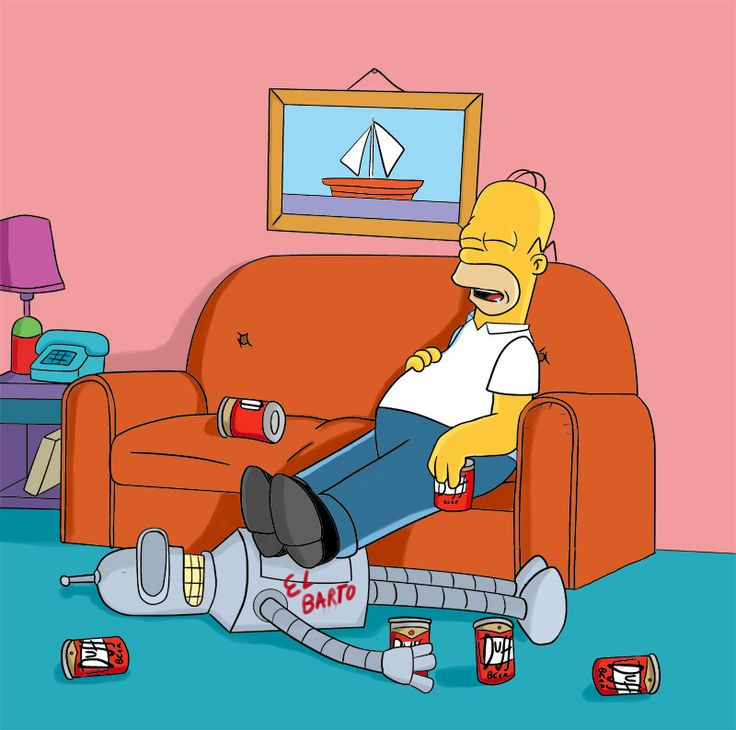 Homer Simpson passed out on the couch with many Duff beers around him, and with his feet  on Bender from Futurama.