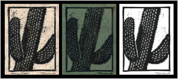 Saguaro Triptych (linoleum block prints on tan rice paper, green rice paper, and white sumi-e paper)