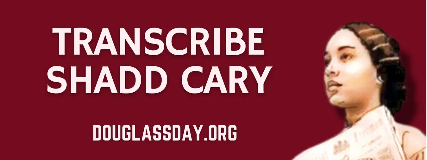 A red header with "Transcribe Shadd Cary" and "DouglassDay.Org" with a illustrated photo of Mary Ann Shadd Cary.