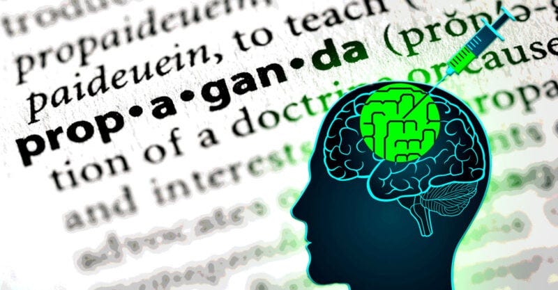 word "propaganda" and a brain with a vaccine syringe on it