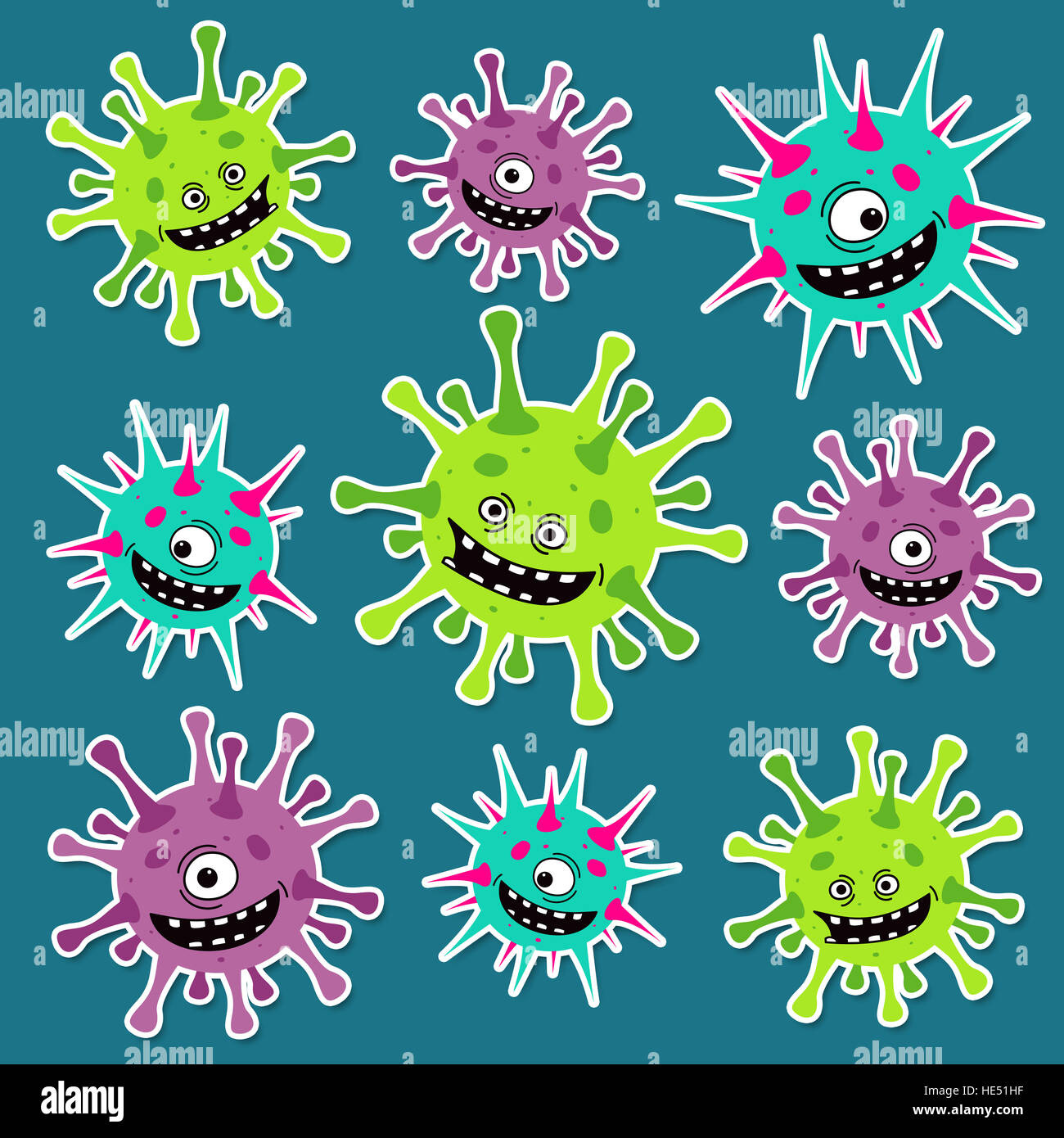 Cartoon viruses, germs or bacteria pattern. Funny colorful set of stickers on blue background ...