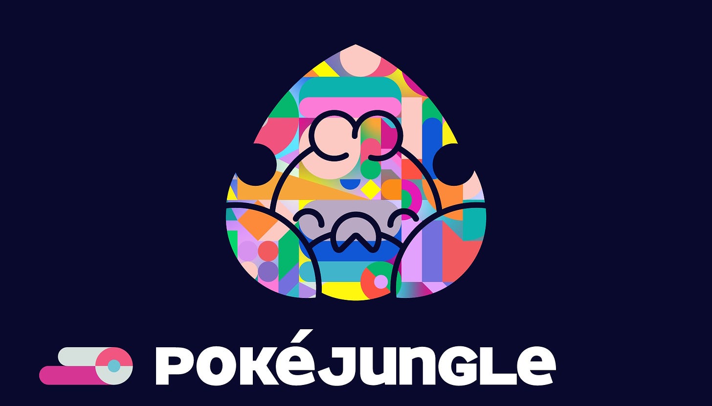 A vibrant pride version of the PokéJungle logo (April 2023)