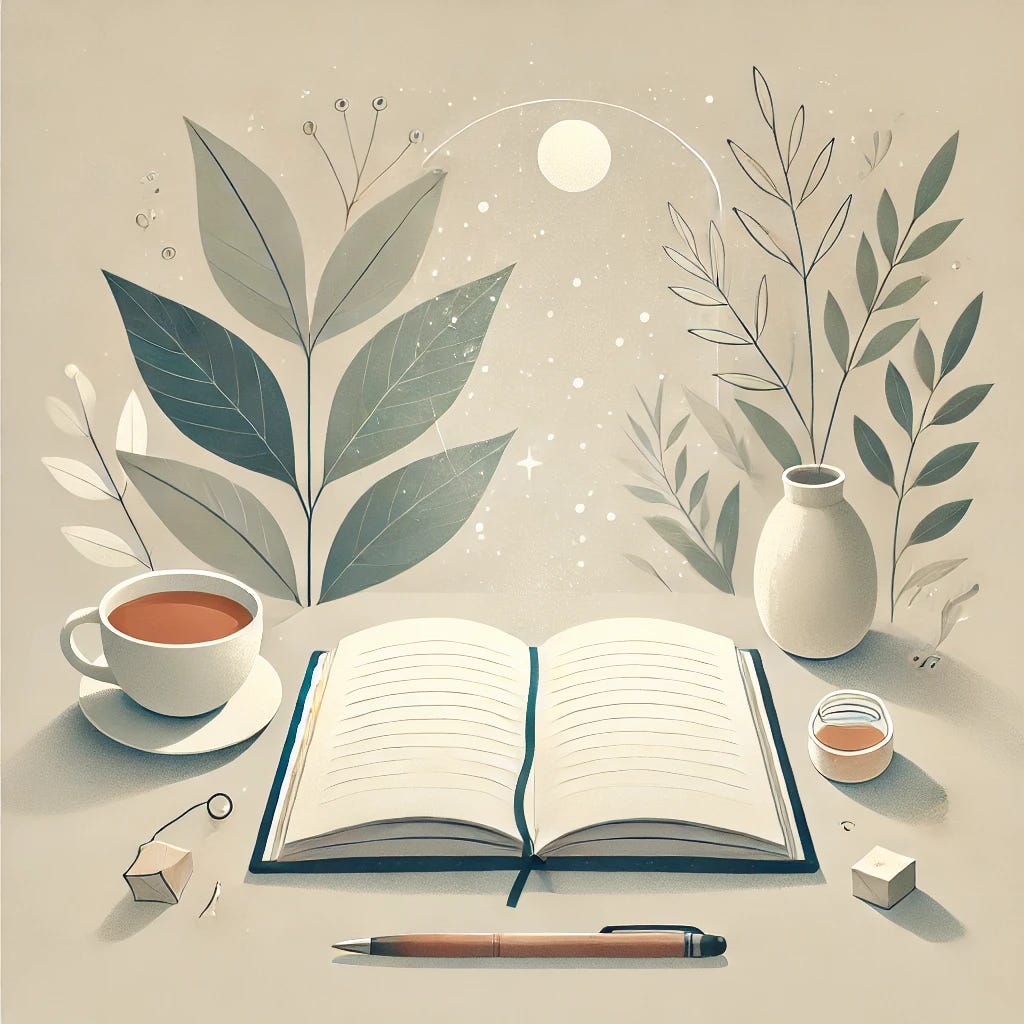 A serene and minimalistic illustration representing the concept of journaling. The image features an open journal with blank pages, surrounded by a peaceful environment such as a cup of tea, a pen, and soft natural elements like leaves or a gentle light. The atmosphere conveys a sense of calm, reflection, and personal growth, encouraging the viewer to engage in the practice of writing and introspection.
