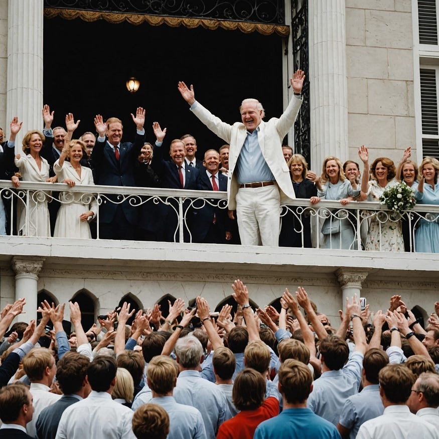 A great white leader greeting the cheering crowd from a balcony is in the picture