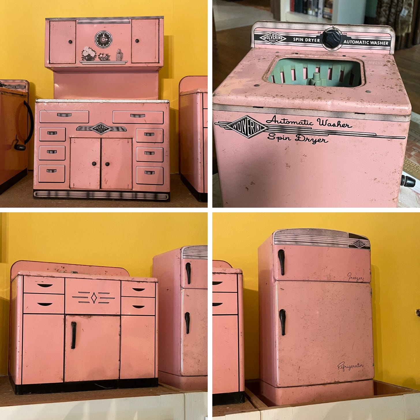 pink tin sink, sideboard, washing machine, and refrigerator in child sizes