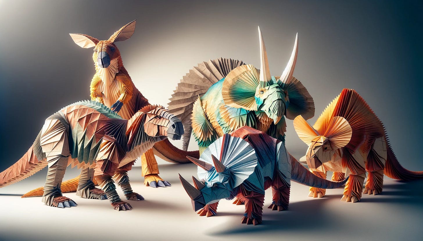 A collection of 5 complex origami creations of Australian megafauna as created by ChatGPT