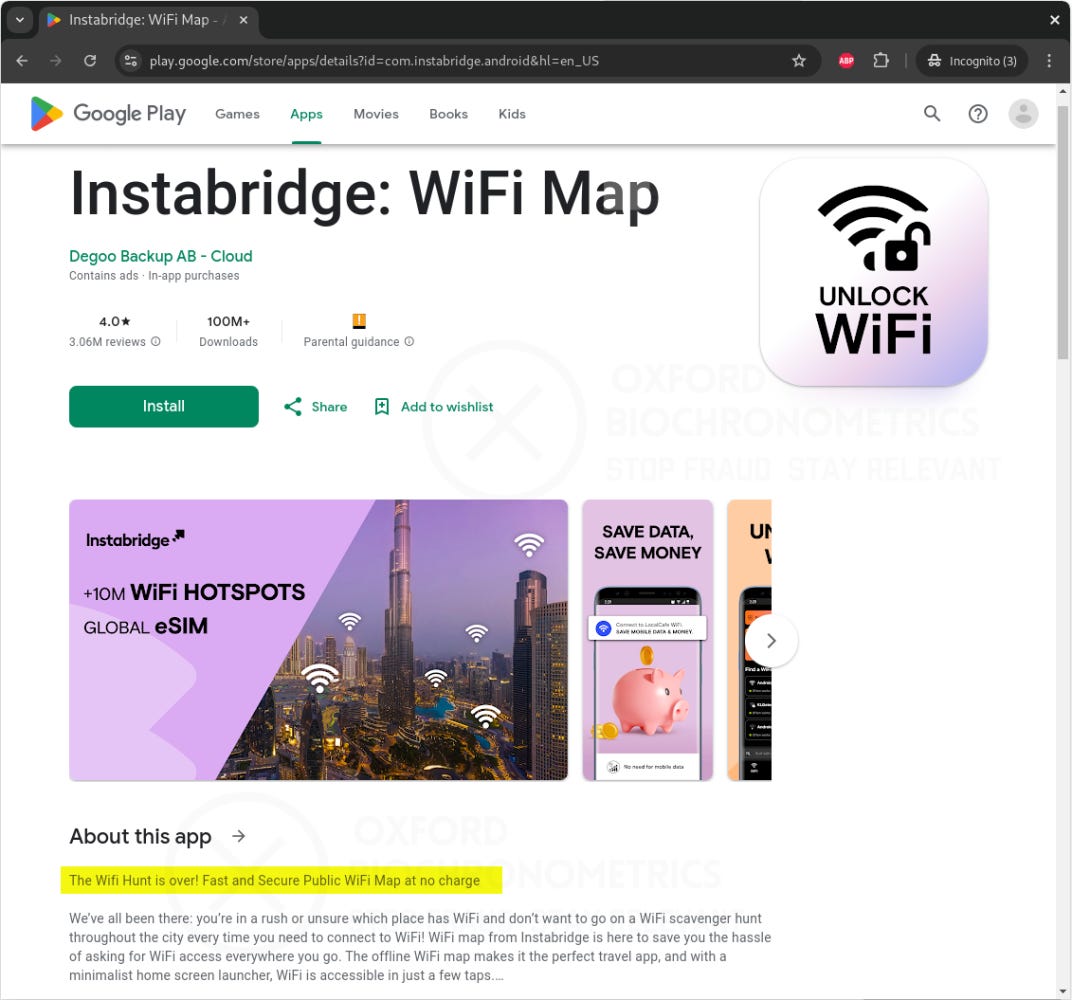 Figure 12. The Android app com.instabridge.android connects your phone to WiFi points while on the go. It has: 100M+ downloads