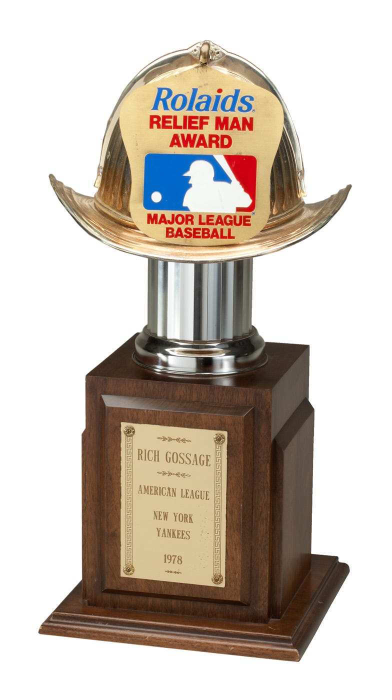 Lot Detail - GOOSE GOSSAGE'S 1978 SIGNED NEW YORK YANKEES AMERICAN LEAGUE ROLAIDS  RELIEF FIREMAN OF THE YEAR TROPHY (GOSSAGE LOA)