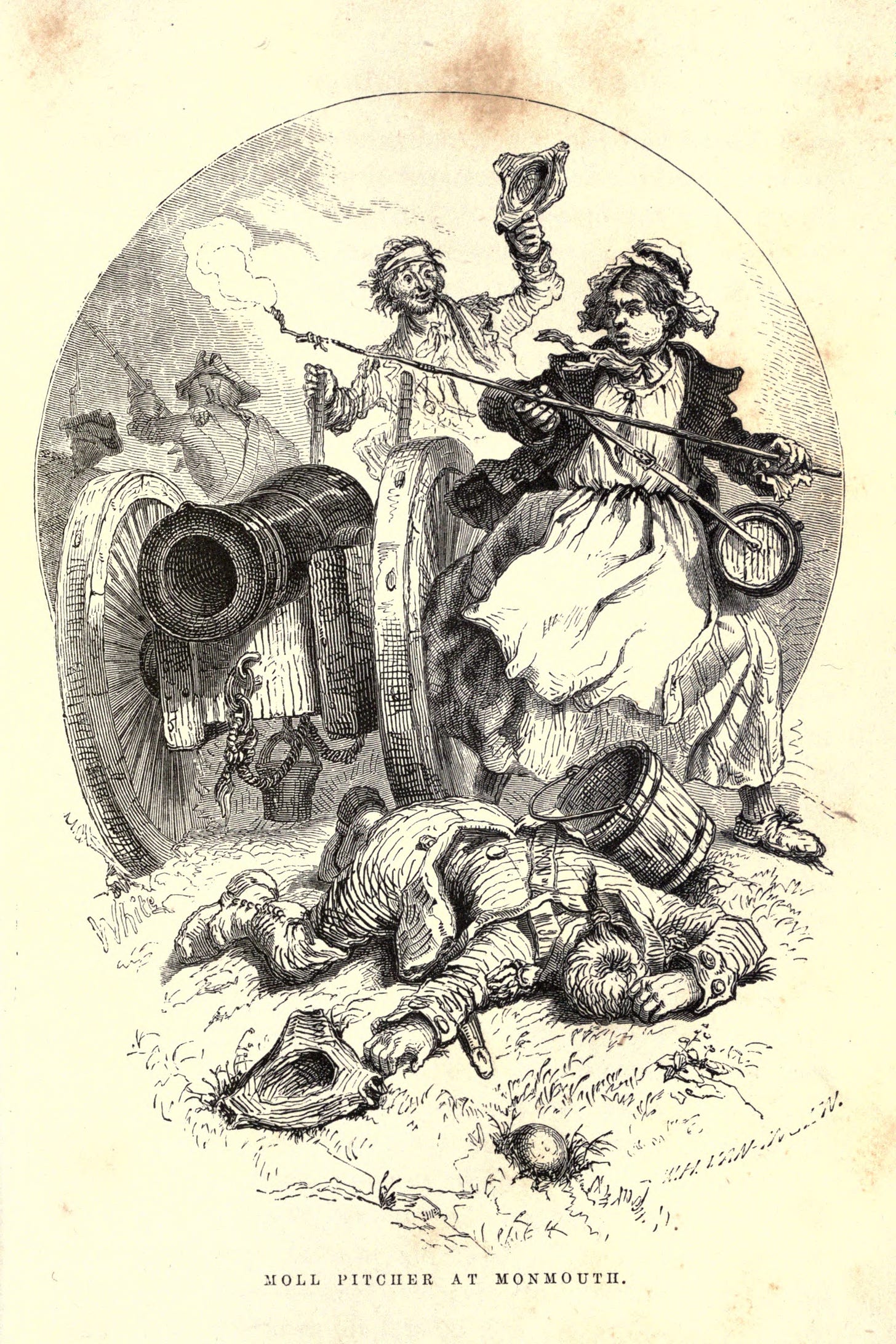 Image is an engraving from Headley's Life of Washington, showing "Moll Pitcher at Monmouth" preparing to fire a cannon while standing over the body of her dead husband.
