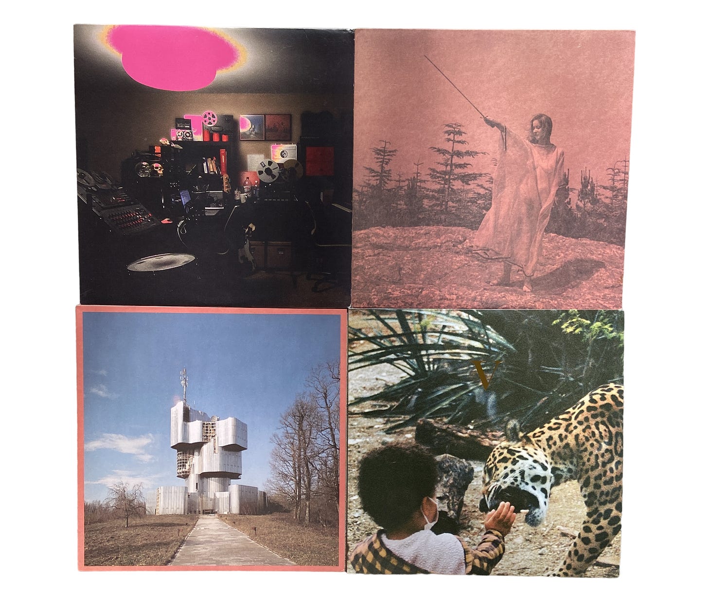 four vinyl records: Multi-Love features a studio scene, II features a woman with a sword on a mountaintop, the self-titled debut has a funky architectural scene, and V features a small child with a jaguar.