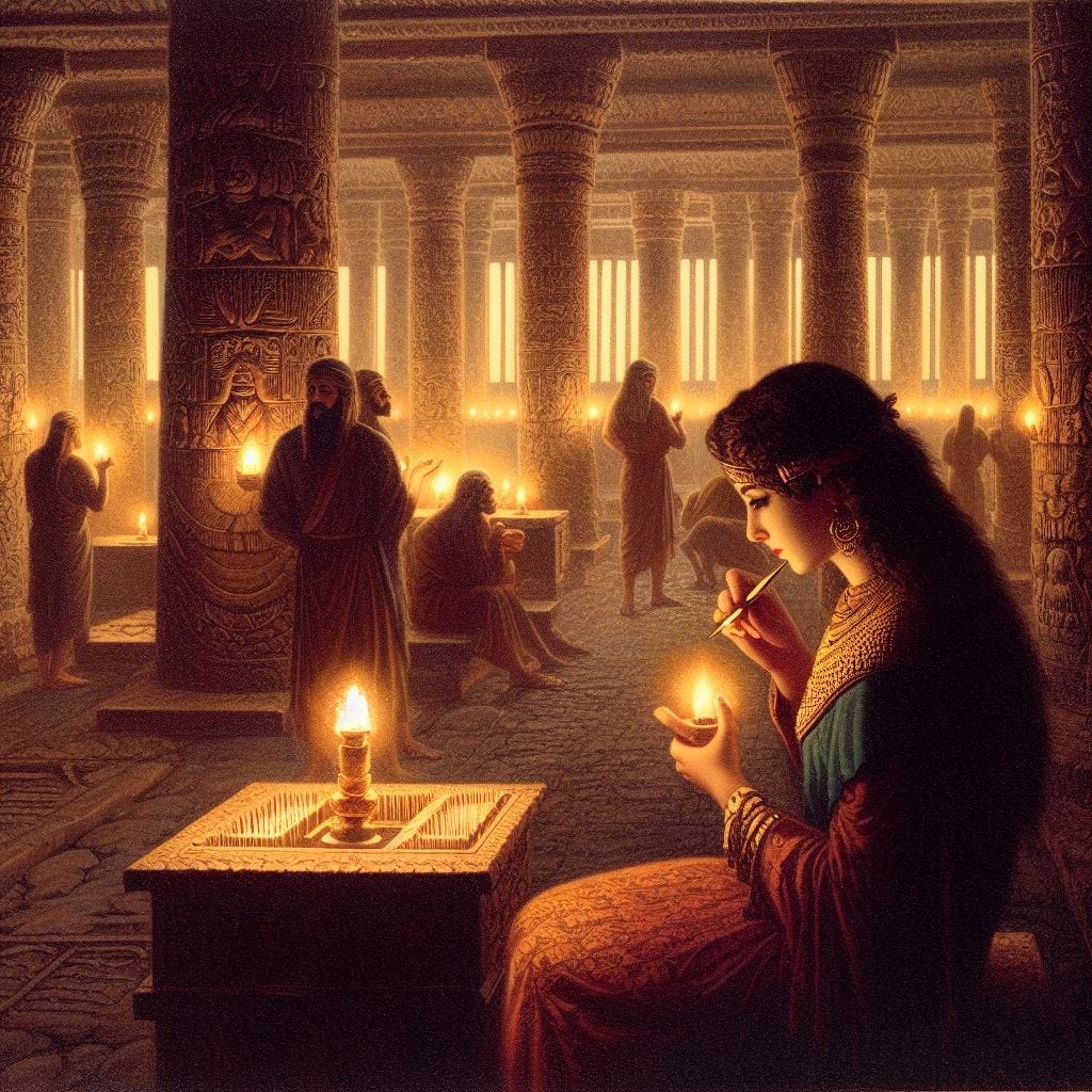 View of the Temple of Nanna's interior in Ur. Nisaba, a Sumerian scribe, is seen in the foreground subtly eavesdropping on a group of acolytes while pretending to adjust her stylus. The intricate carvings of the temple's pillars and walls are visible, along with flickering oil lamps, creating a dim yet golden glow. The atmosphere is filled with tension