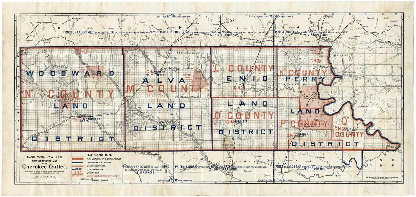 RAND, McNALLY & CO.’S NEW SECTIONAL MAP OF THE Cherokee Outlet, To be opened to settlers at HIGH NOON… SATURDAY, SEPTEMBER 16, 1893. Chicago and New York: Rand McNally & Co., 1893.