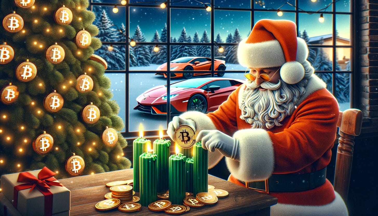 A banner featuring Santa Claus dressed in an orange suit adorned with miniature Bitcoin logos. Santa is placing green stock market candles on a Christmas tree. In the background, through a window, a Lamborghini is visible outside. The scene conveys a festive and financial theme, merging traditional Christmas elements with modern financial symbols.