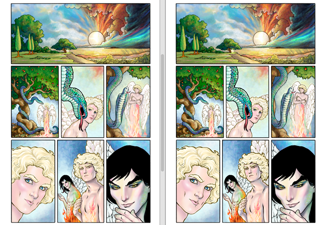 Two side by side screenshots of page 2 of the Good Omens graphic novel, showcasing subtle changes in contrast between the two.