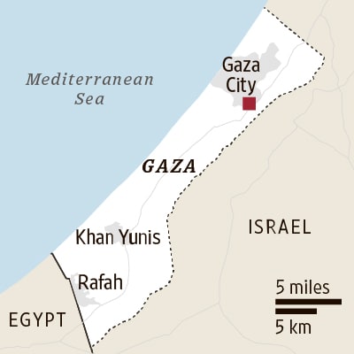 Image is a map of Gaza, showing its location between the Mediterranean Sea and Israel. Egypt borders Gaza on the south.