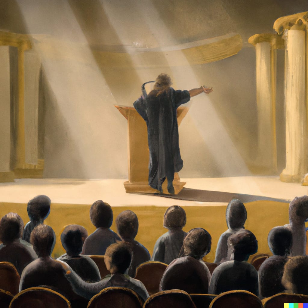A robed speaker at a podium in a Greek agora gesturing before an attentive, seated audience.
