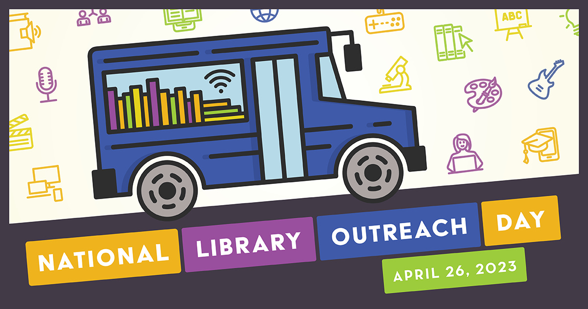 National Library Outreach Day, simple illustration of a bookmobile with wi-fi and icons representing art, music,education. video production