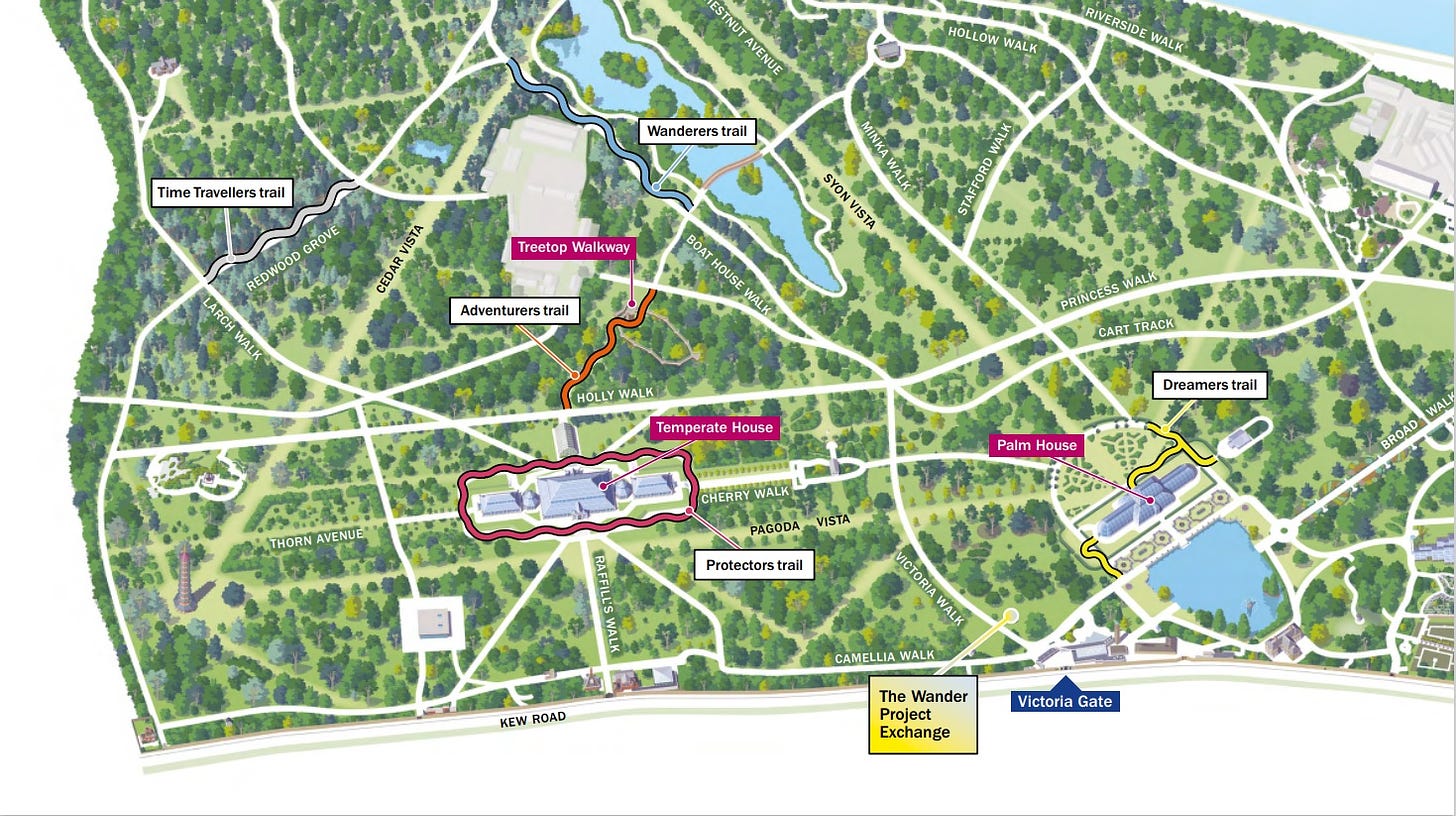 A map of the Wander Project trails across Kew Gardens