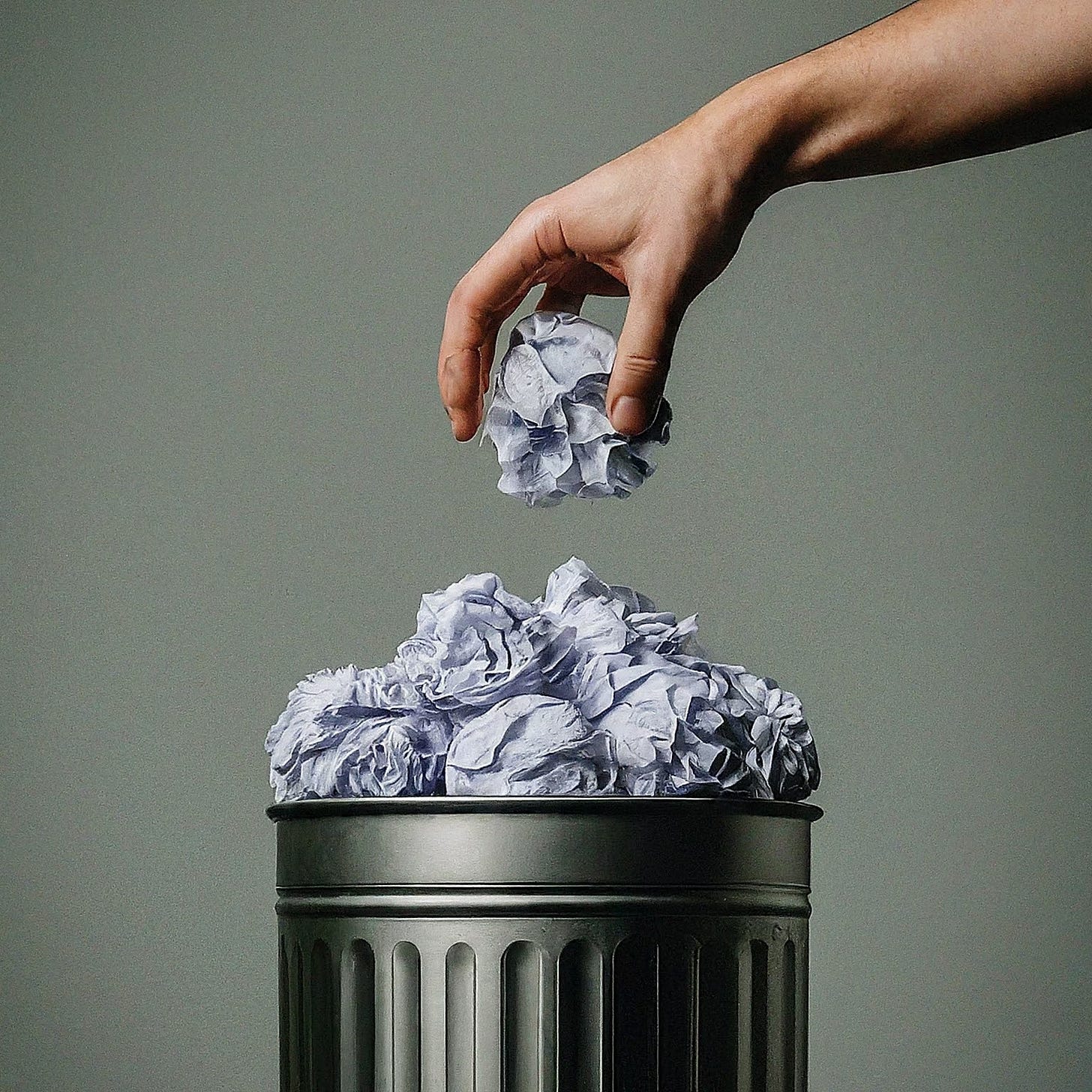 A hand drops a crumpled piece of paper into an overflowing garbage can of other crumpled balls.