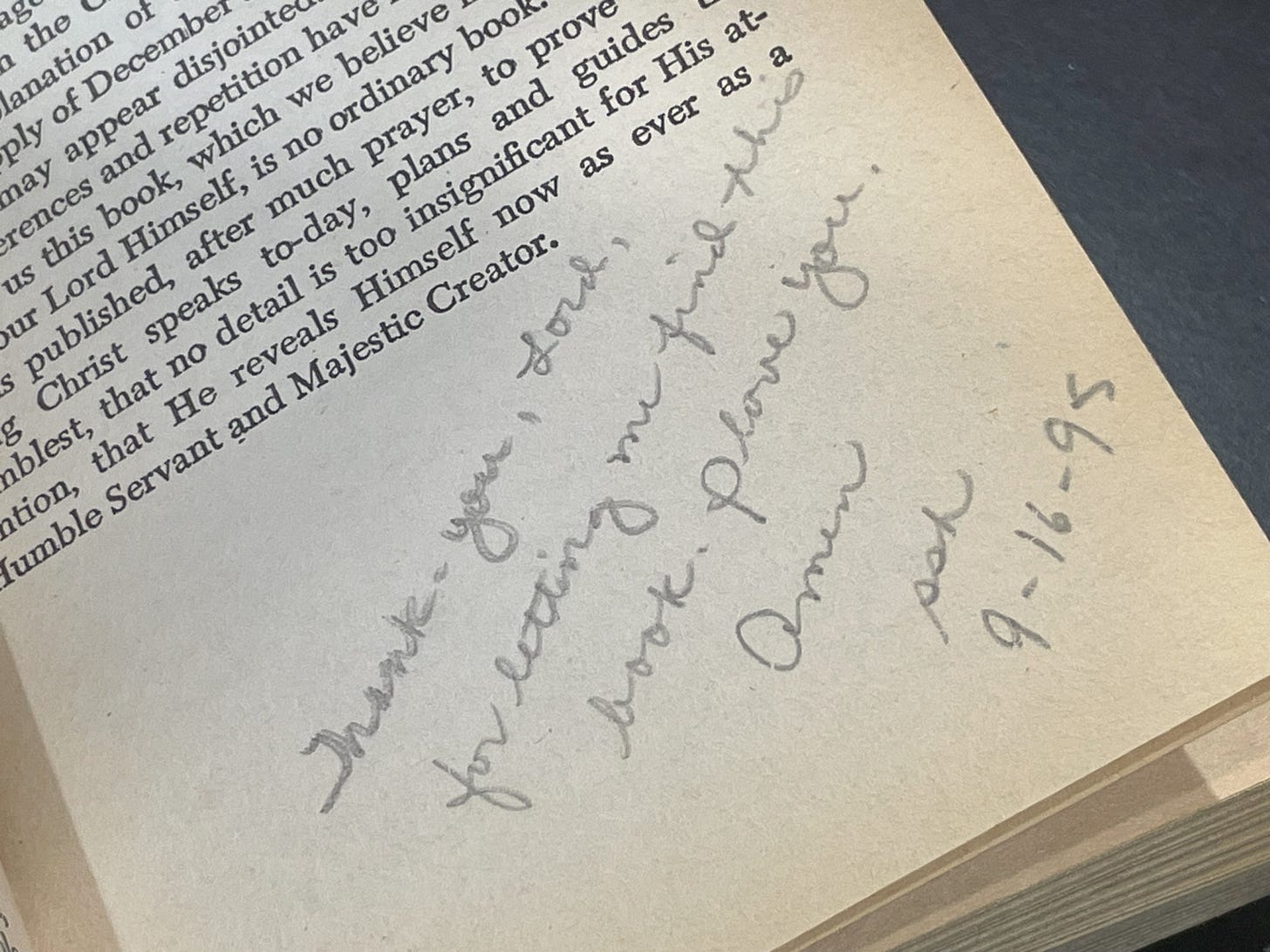 Sharon Hines' inscription in her 1995 copy of God Calling.