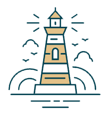 A digital image of a lighthouse with clouds and seagulls surrounding it. It is made with deep teal line art and is otherwise white with goldenrod accents throughout.
