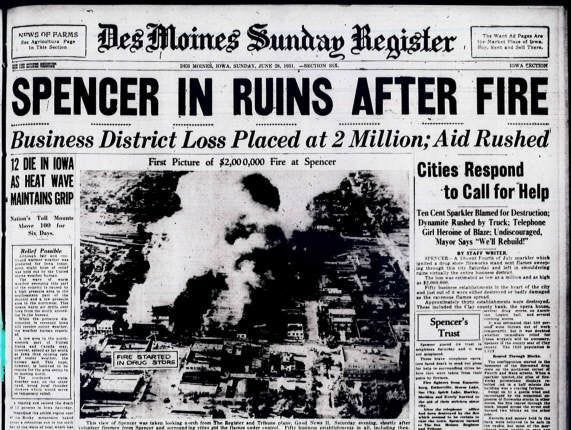 Des Moines Register headline Spencer fire