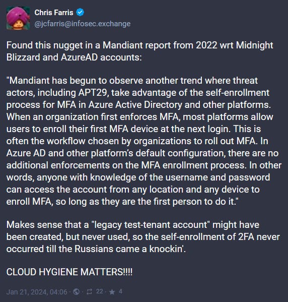 Mastodon post from an AWS engineer on the Microsoft hack