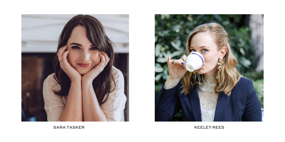 Woman with brown hair, her chin resting in her hands and a woman with red hair sipping from a tea cup