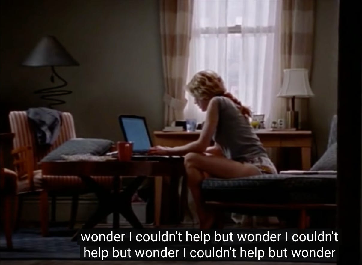screenshot of Carrie from Sex and the City writing on her laptop in her underwear in her apartment, saying, over and over again, I couldn't help but wonder...