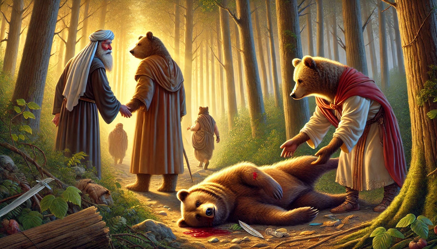 A dramatic illustration of the Parable of the Good Samaritan, but featuring bears. A wounded bear lies on the ground in a forest path, ignored by a priestly bear and a wealthy merchant bear who walk past without helping. A rugged, kind-hearted bear from a rival group stops to tend to the wounded bear, offering aid and compassion. The background features a lush forest with soft golden light filtering through the trees. The scene is rich in emotion, depicting kindness and unexpected generosity.