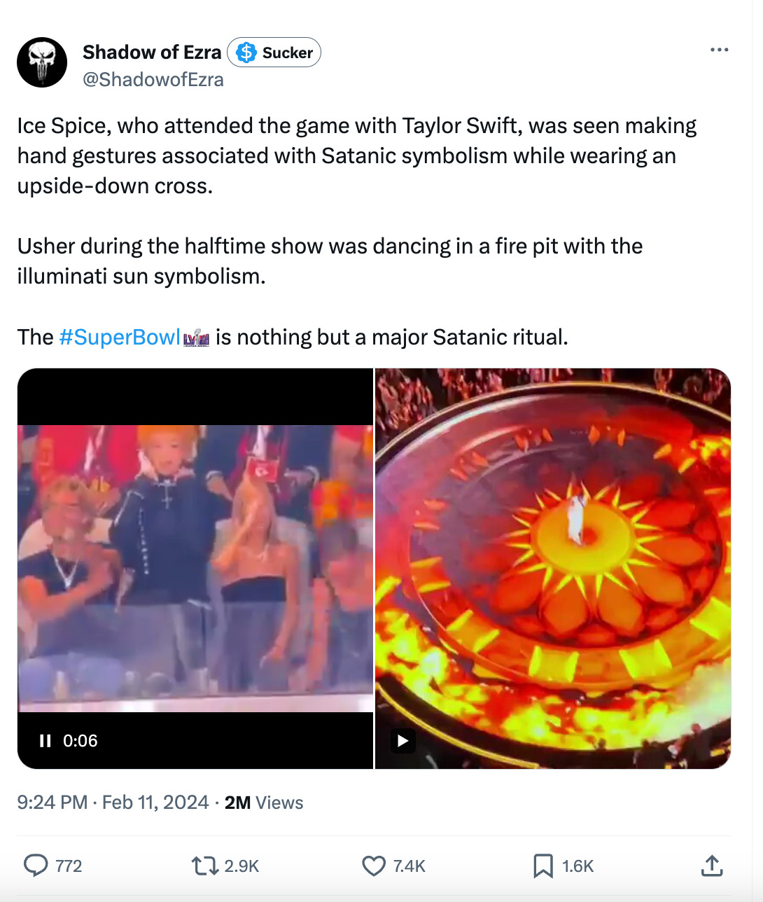 Ice Spice, who attended the game with Taylor Swift, was seen making hand gestures associated with Satanic symbolism while wearing an upside-down cross.  Usher during the halftime show was dancing in a fire pit with the illuminati sun symbolism.  The #SuperBowl is nothing but a major Satanic ritual.