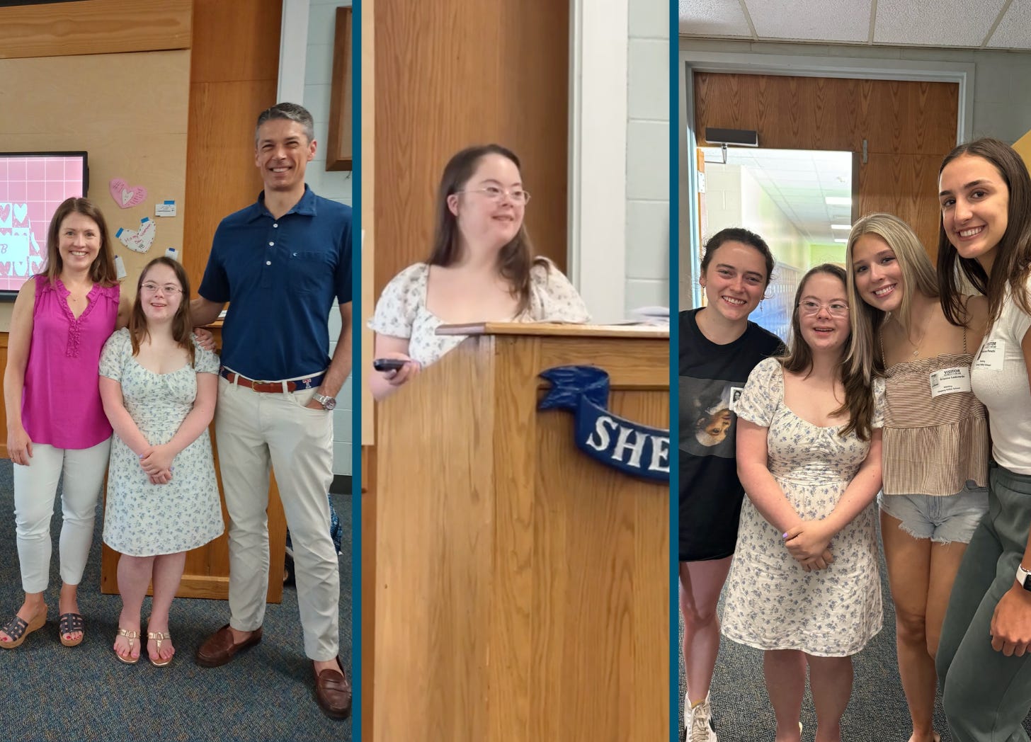 collage of 3 photos from Penny's senior project. On the left, Amy Julia, Peter, and Penny pose together with Penny's presentation on a screen behind them. In the middle is a photo of Penny standing at a classroom podium and smiling widely at her audience. To the right is a photo of Penny posing with three girls who are in college and who came to watch Penny's senior project presentation