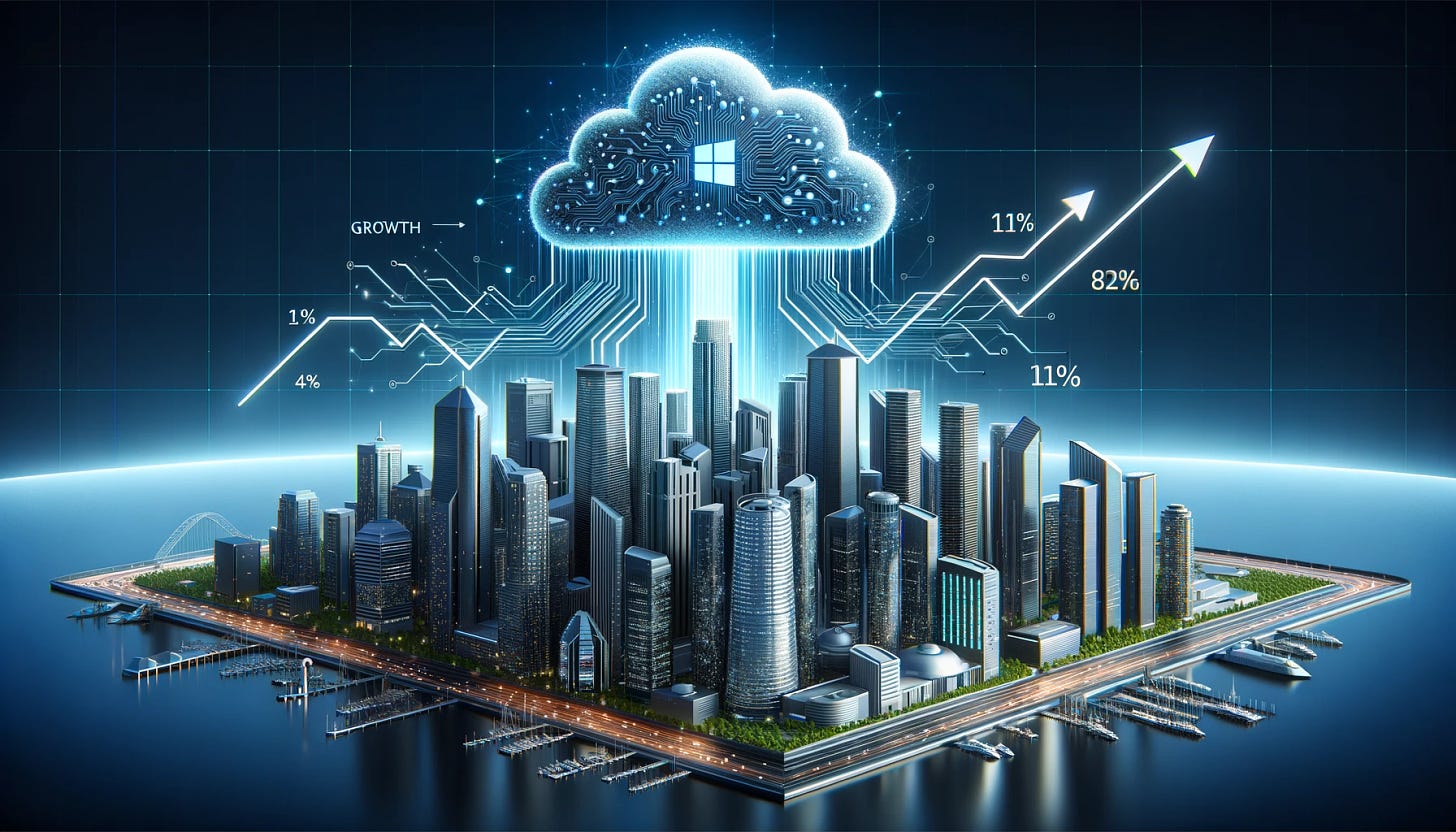 Illustration: A sleek futuristic cityscape with skyscrapers. Above the city is a large, digital cloud intertwined with AI neural networks. Growth arrows shoot upwards from the city into the cloud, with percentages labeled. The Microsoft logo is subtly integrated into the skyline. A headline at the top reads 'Surpassing Expectations with AI & Cloud'.