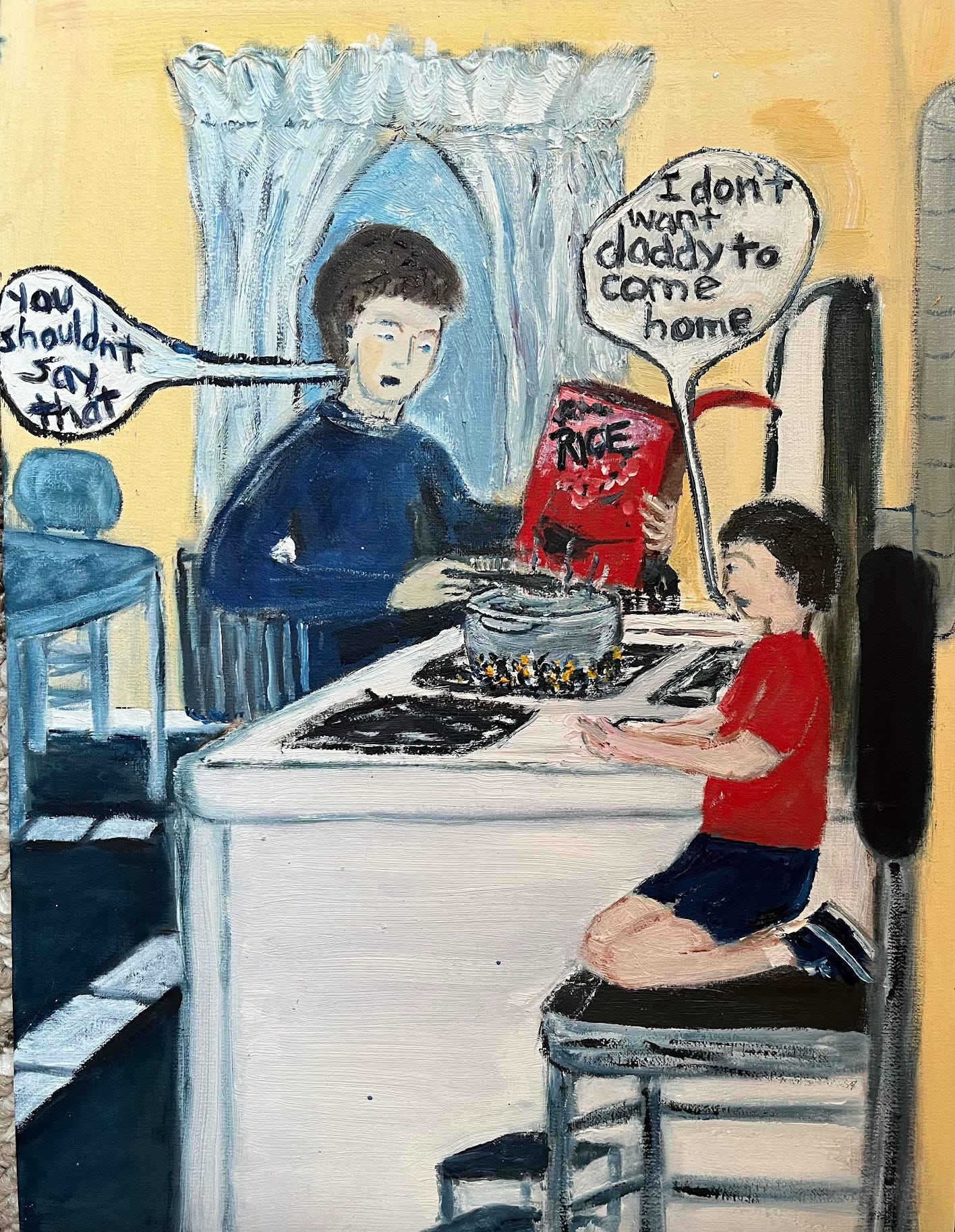 Painting of author as child expressing the wish her father wouldn't come home, to her mother who is cooking supper