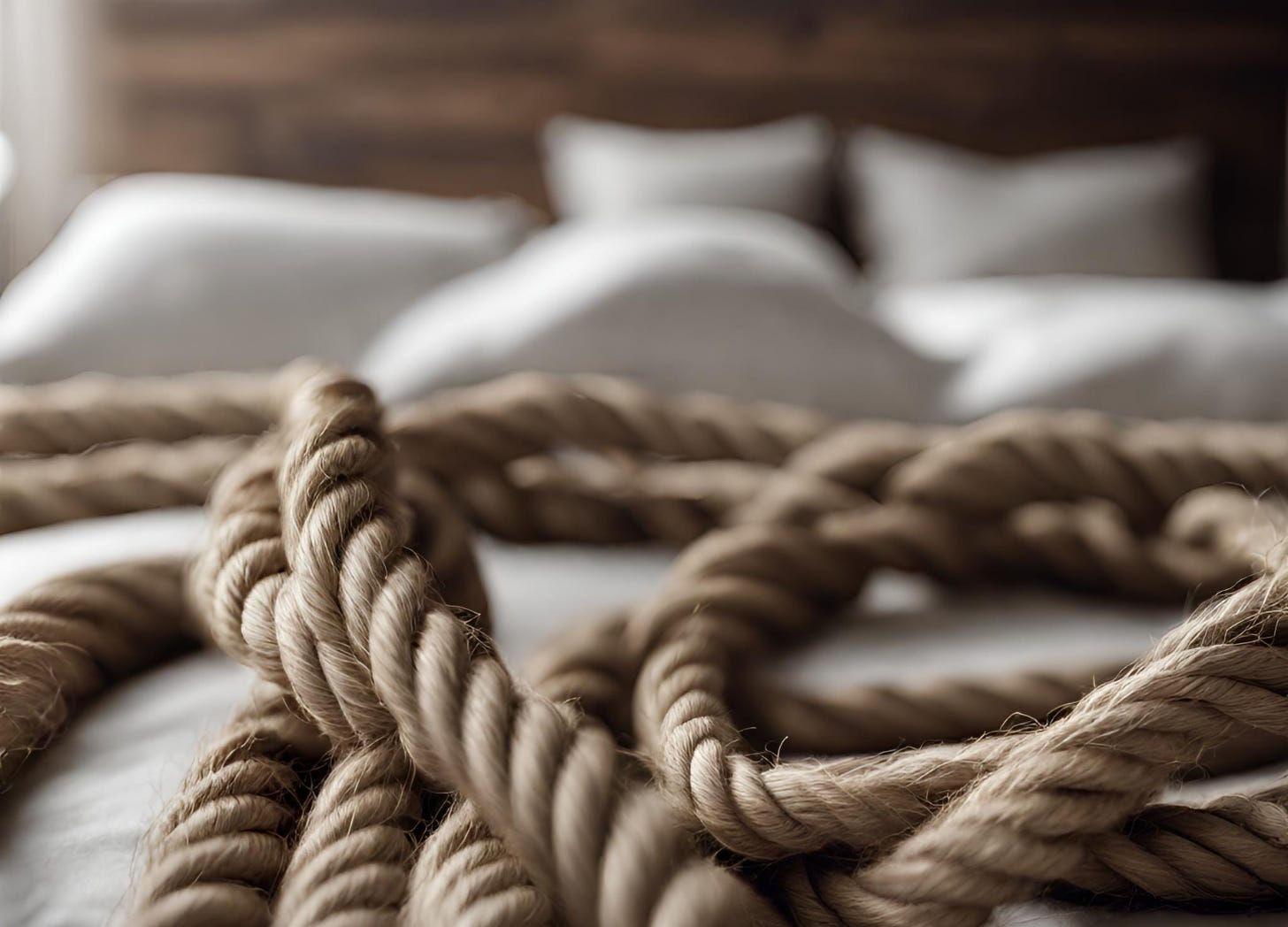 AI generated image of jute ropes for shibari in bed