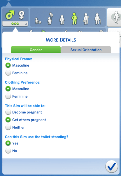 The dropdown menu on the character creation screen showing more options for gender: Physical frame: masculine or feminine. Clothing preference: masculine or feminine. This Sim will be able to: Become pregnant, Get others pregnant, or neither. Can this Sim use the toilet standing? Yes or no.