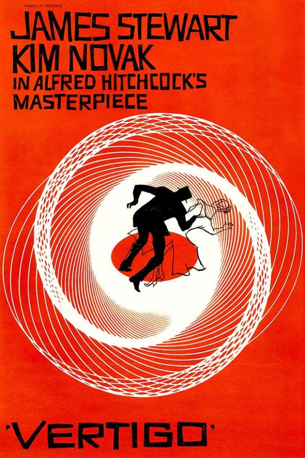 Texto: James Stewart, Kim Novak na obra-prima de Alfred Hitchcock: 'Vertigo'. O pôster mostra uma espiral abstrata e as silhuetas minimalistas de um homem e uma mulher rumo ao centro da espiral, o que dá a impressão de queda.