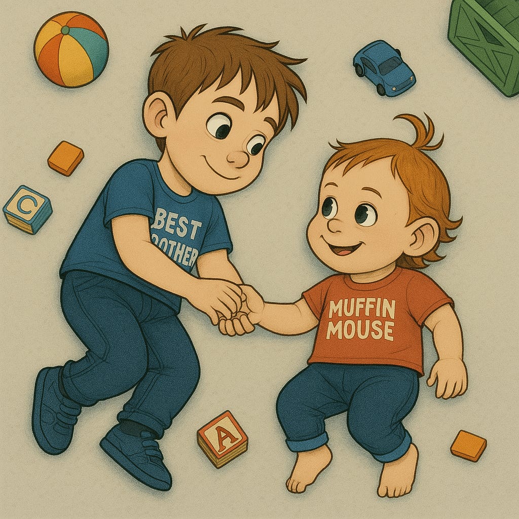 A young boy and his baby sister lie on the playroom floor, surrounded by scattered toys. They face each other in a yin-yang shape, holding hands and smiling warmly.